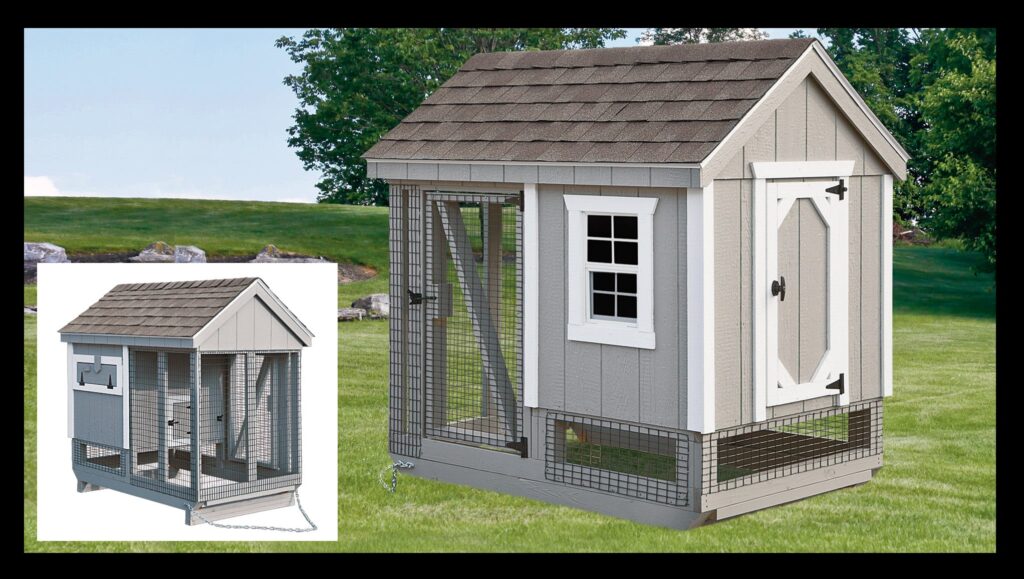 4x6 Combination: Duratemp siding, 3' x 4' run area, 3' x 4' chicken coop area, 73" high, 3 nesting boxes, Light gray siding with white trim, Weather gray shingles